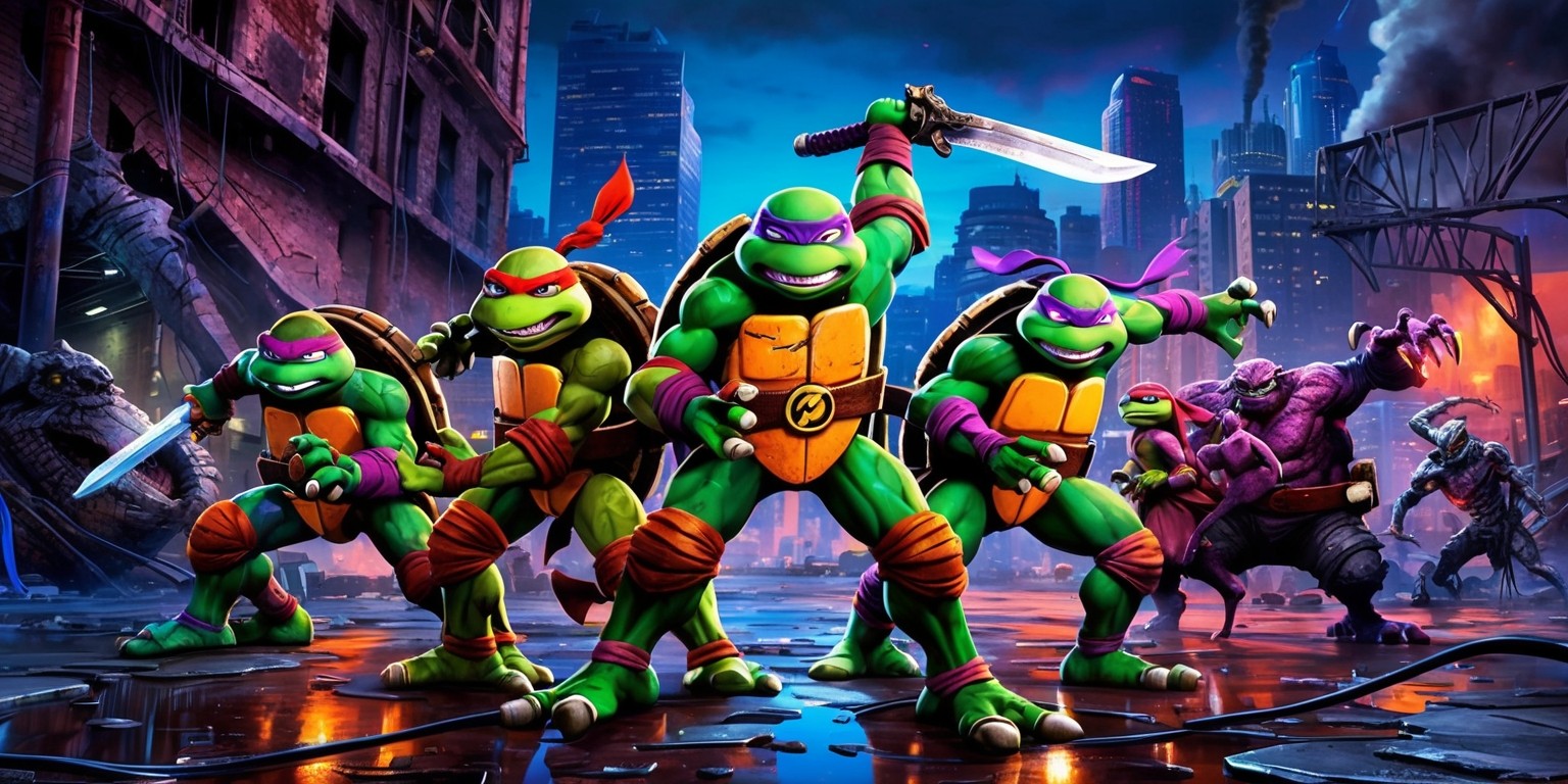 A vibrant, action-packed illustration of the Teenage Mutant Ninja Turtles, based on the 