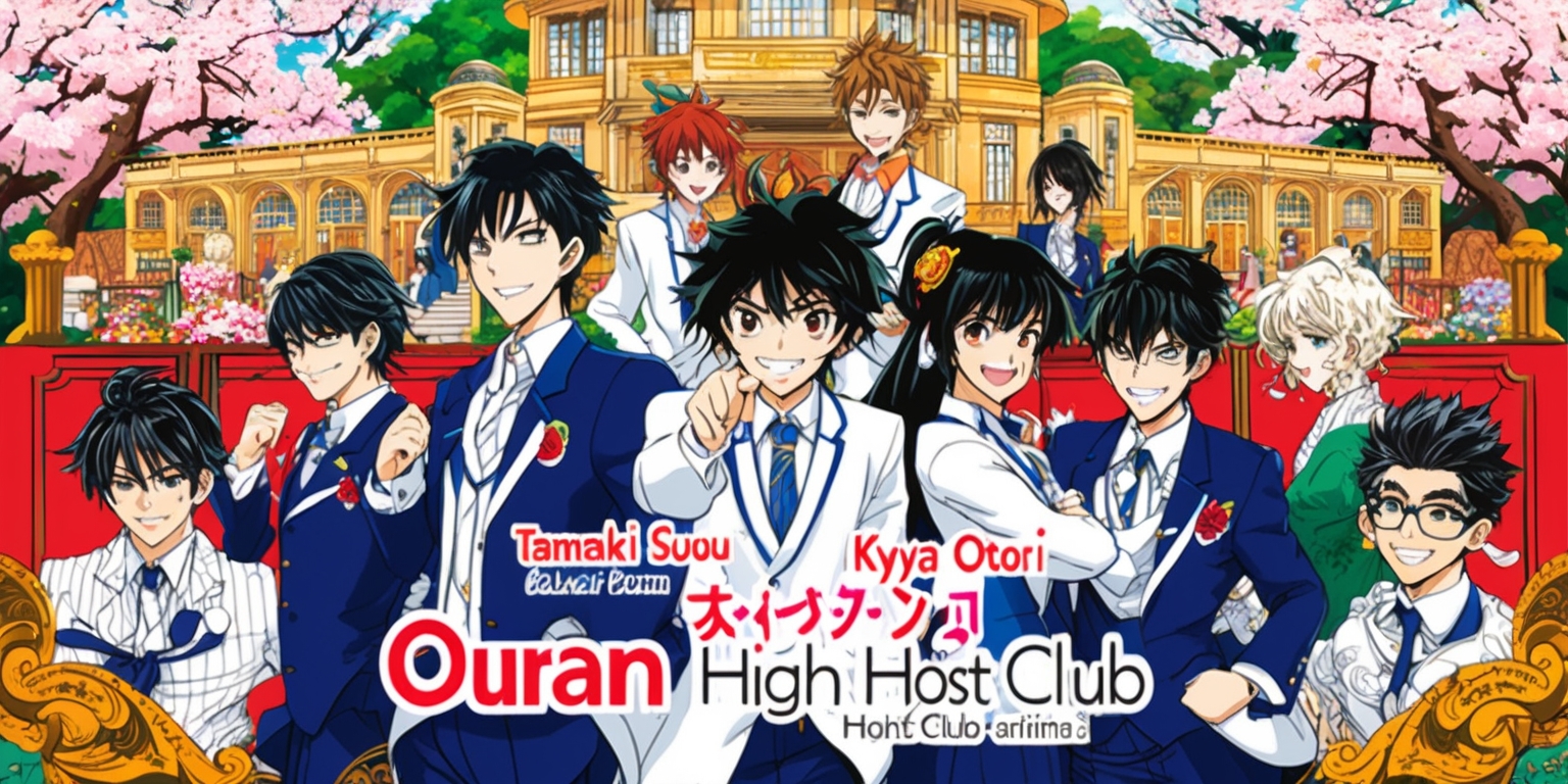 A vibrant and lively illustration of the Ouran High School Host Club anime, featuring the stylish and charming Host Club members, including Tamaki Suou, Kyoya Otori, Haruhi Fujioka, and the rest of the gang, set against a lush and ornate background reminiscent of a luxurious high school campus, with intricate details of Japanese architecture, cherry blossom trees, and ornate furniture, in a whimsical and fantastical style reminiscent of the anime's signature aesthetic, with bold lines, bright colors, and exaggerated expressions, showcasing the unique personalities and traits of each character, with Tamaki's charismatic smile, Kyoya's sharp gaze, and Haruhi's endearing gaze, and incorporating subtle hints of humor and wit, capturing the show's lighthearted and humorous tone.